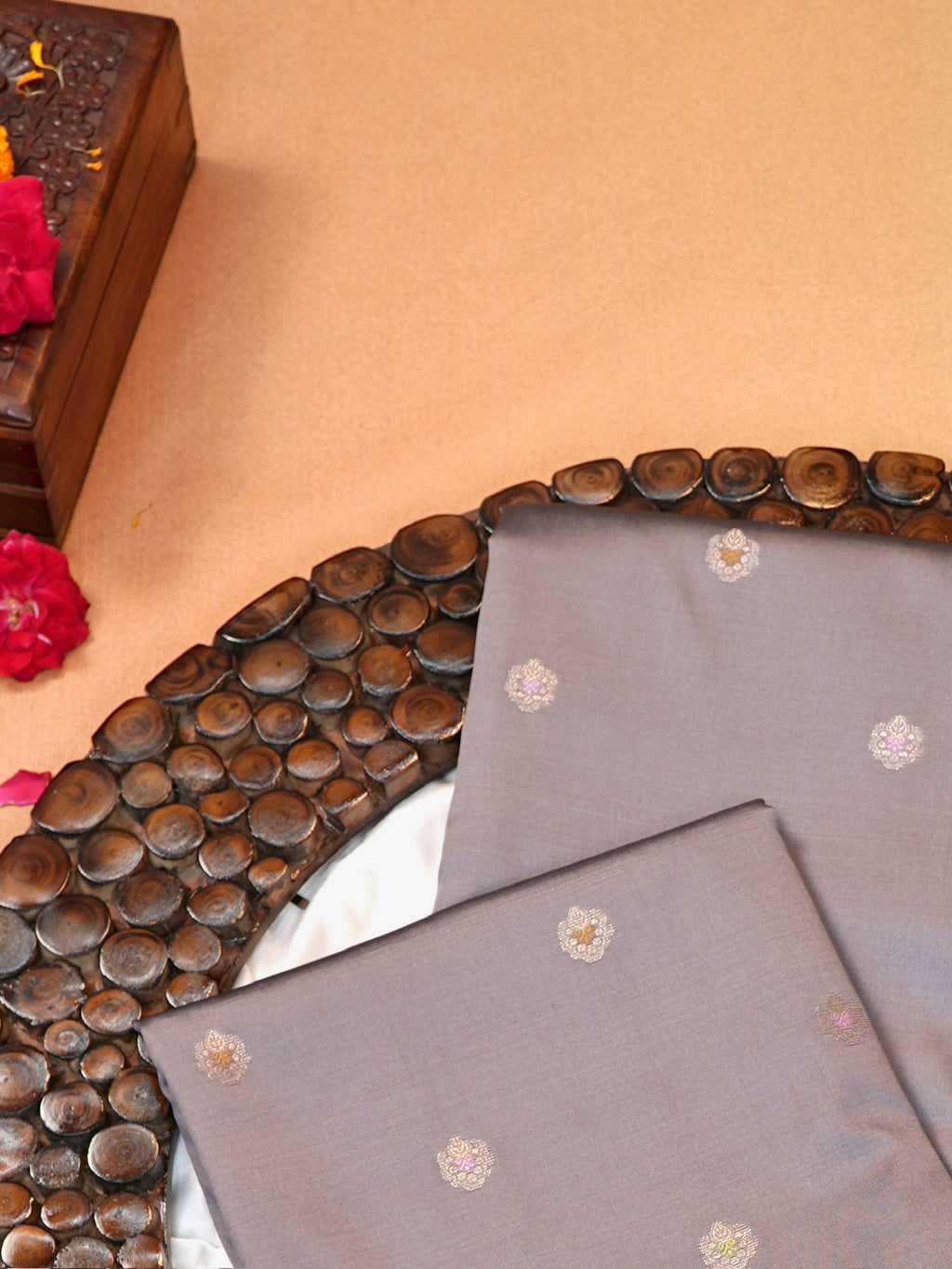 Muted Lilac Grey Banarasi Semi Katan Silk Saree with Meenakari Floral Work