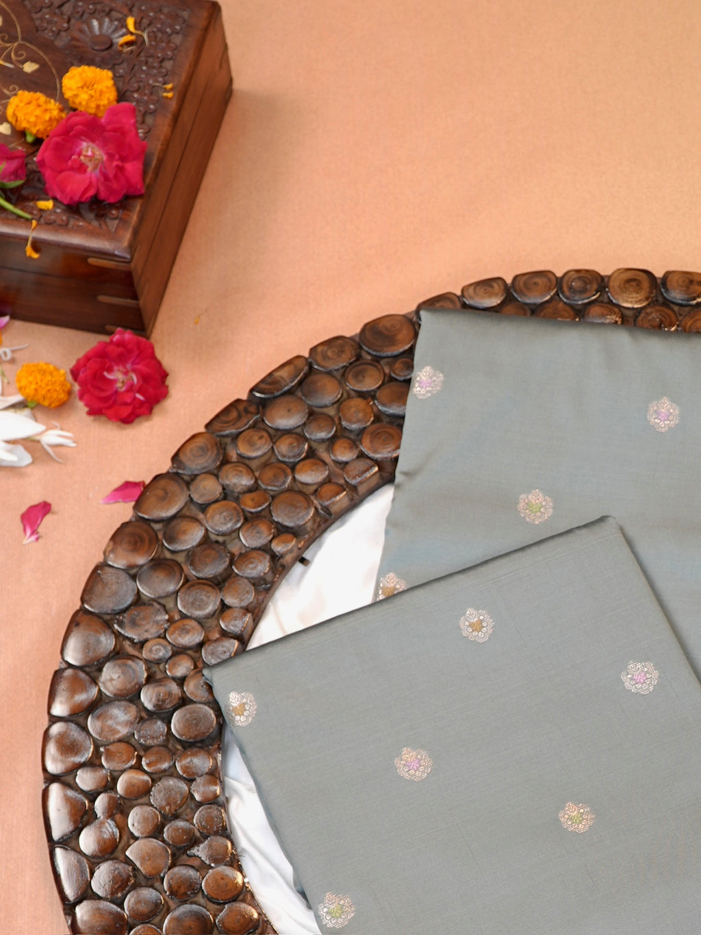 Pastel Pistachio Green Banarasi Semi Katan Silk Saree with Meenakari Floral Work