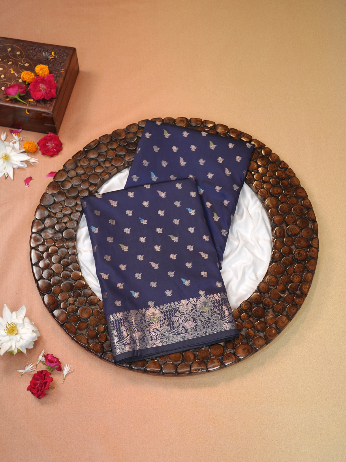 Navy Blue Banarasi Semi Katan Soft Silk Saree with Meenakari Zari Work