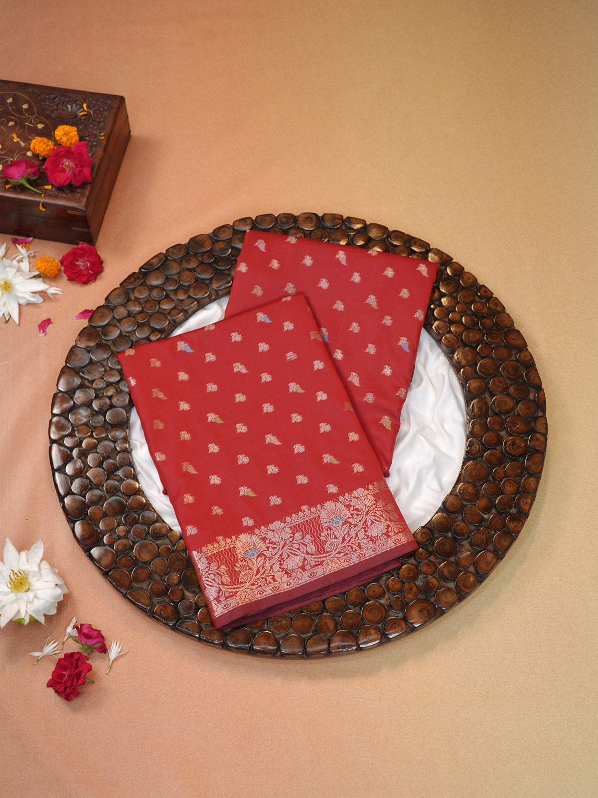 Crimson Red Banarasi Semi Katan Soft Silk Saree with Meenakari Zari Work