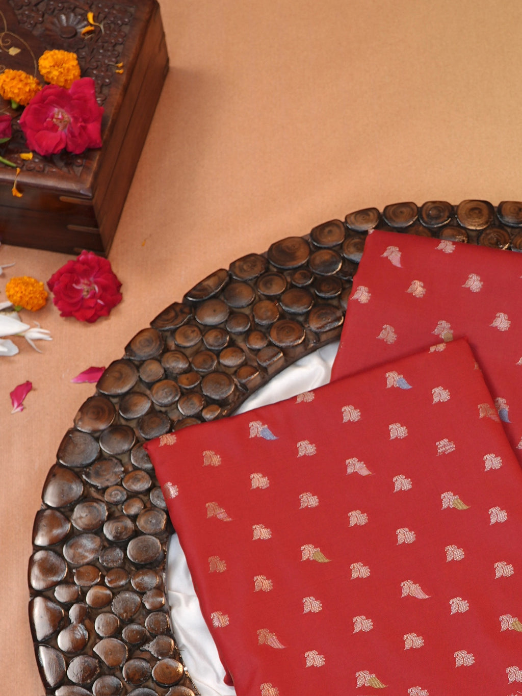Crimson Red Banarasi Semi Katan Soft Silk Saree with Meenakari Zari Work