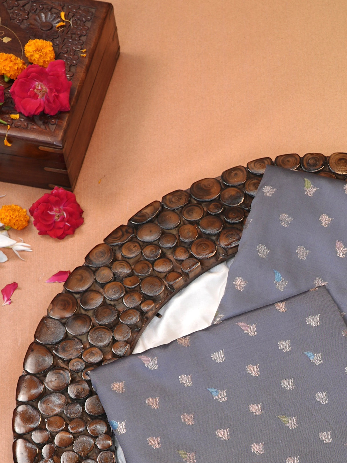Grey Banarasi Semi Katan Soft Silk Saree with Meenakari Zari Work