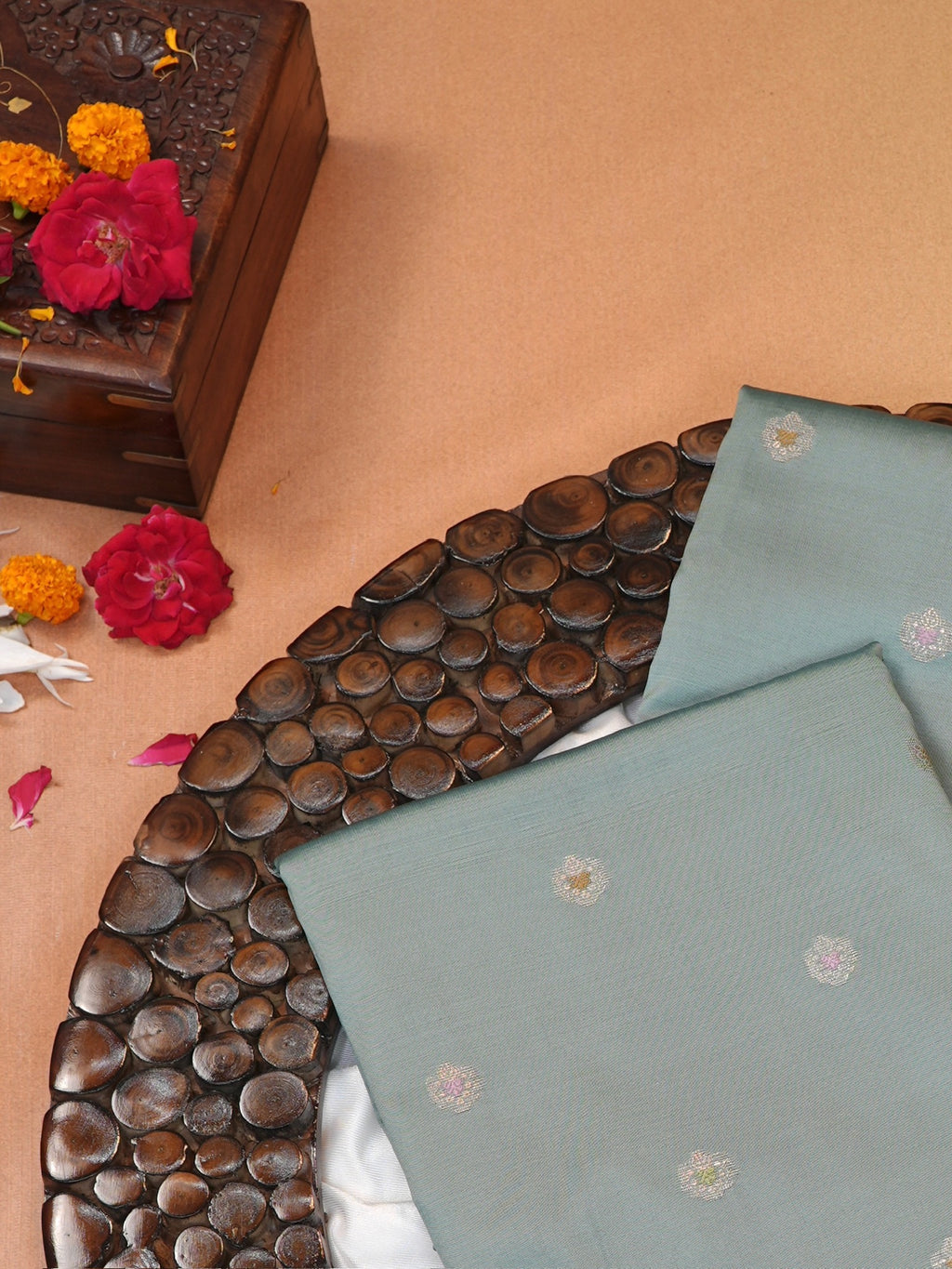 Powder Blue Banarasi Semi Katan Silk Saree with Meenakari Floral Work