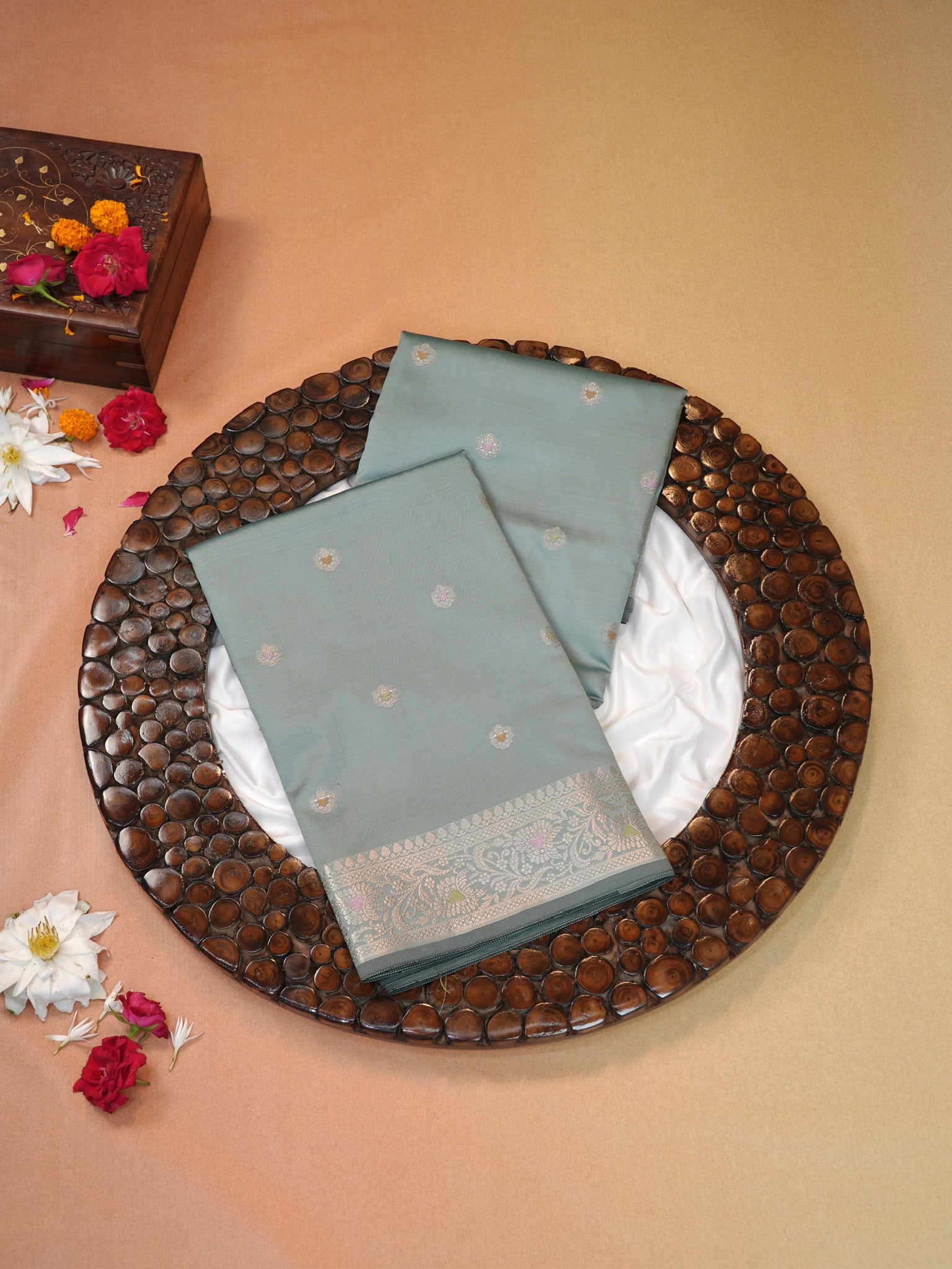Powder Blue Banarasi Semi Katan Silk Saree with Meenakari Floral Work