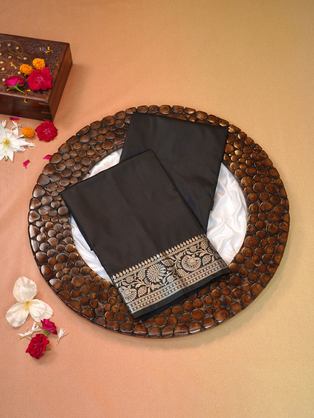 Charcoal Black Banarasi Semi Katan Silk Saree with Antique Silver Zari Work