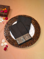 Charcoal Black Banarasi Semi Katan Silk Saree with Antique Silver Zari Work