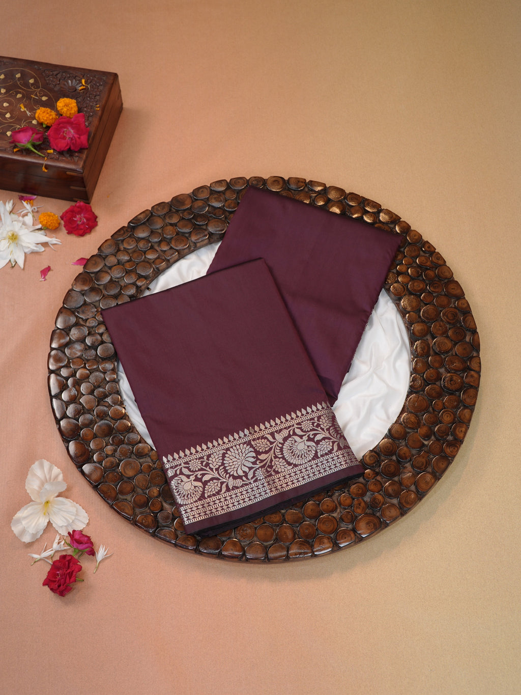 Deep Wine Banarasi Semi Katan Silk Saree with Antique Silver Zari Work