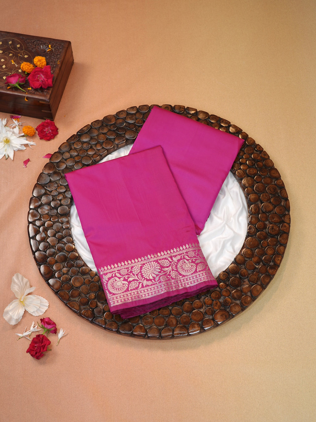Vibrant Rani Pink Banarasi Semi Katan Silk Saree with Fine Silver Zari Work