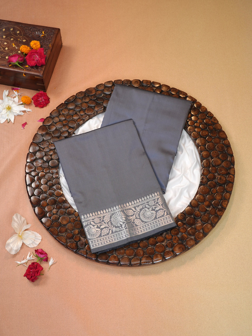 Grey Banarasi Semi Katan Silk Saree with Antique Silver Zari Work