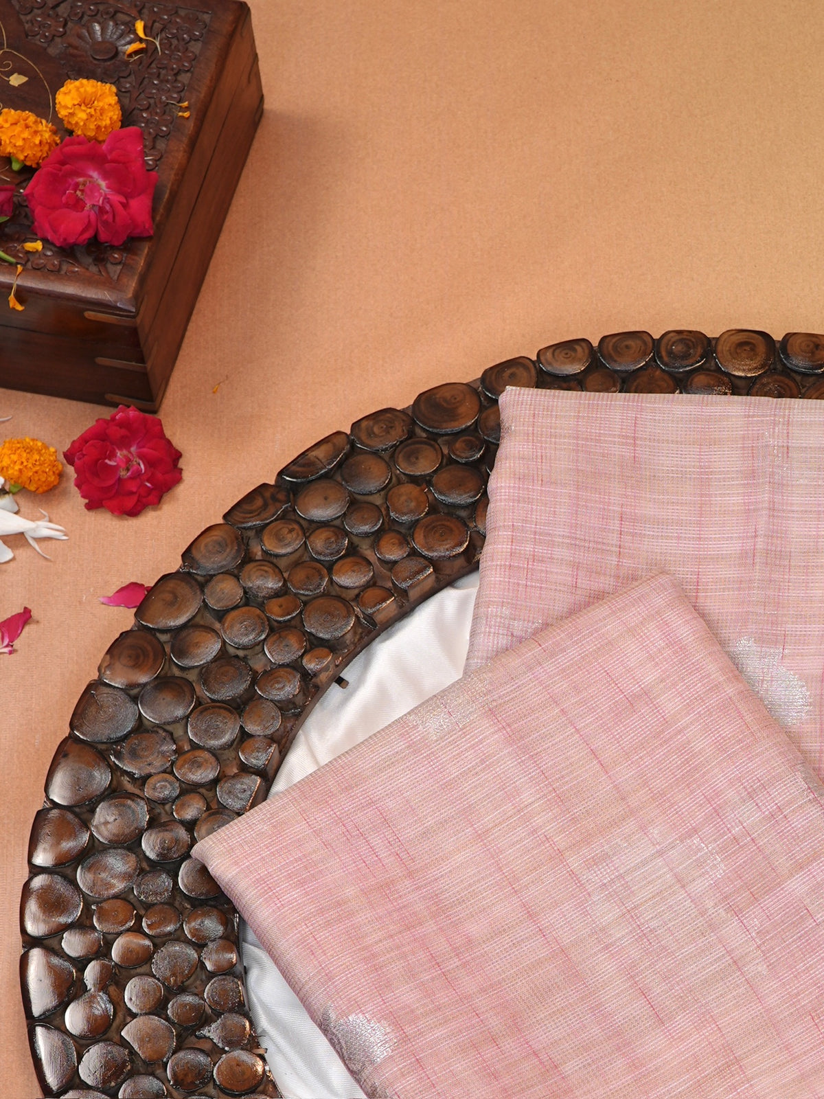 Blush Pink & Coral Banarasi Soft Kota Silk Saree with Zari Work
