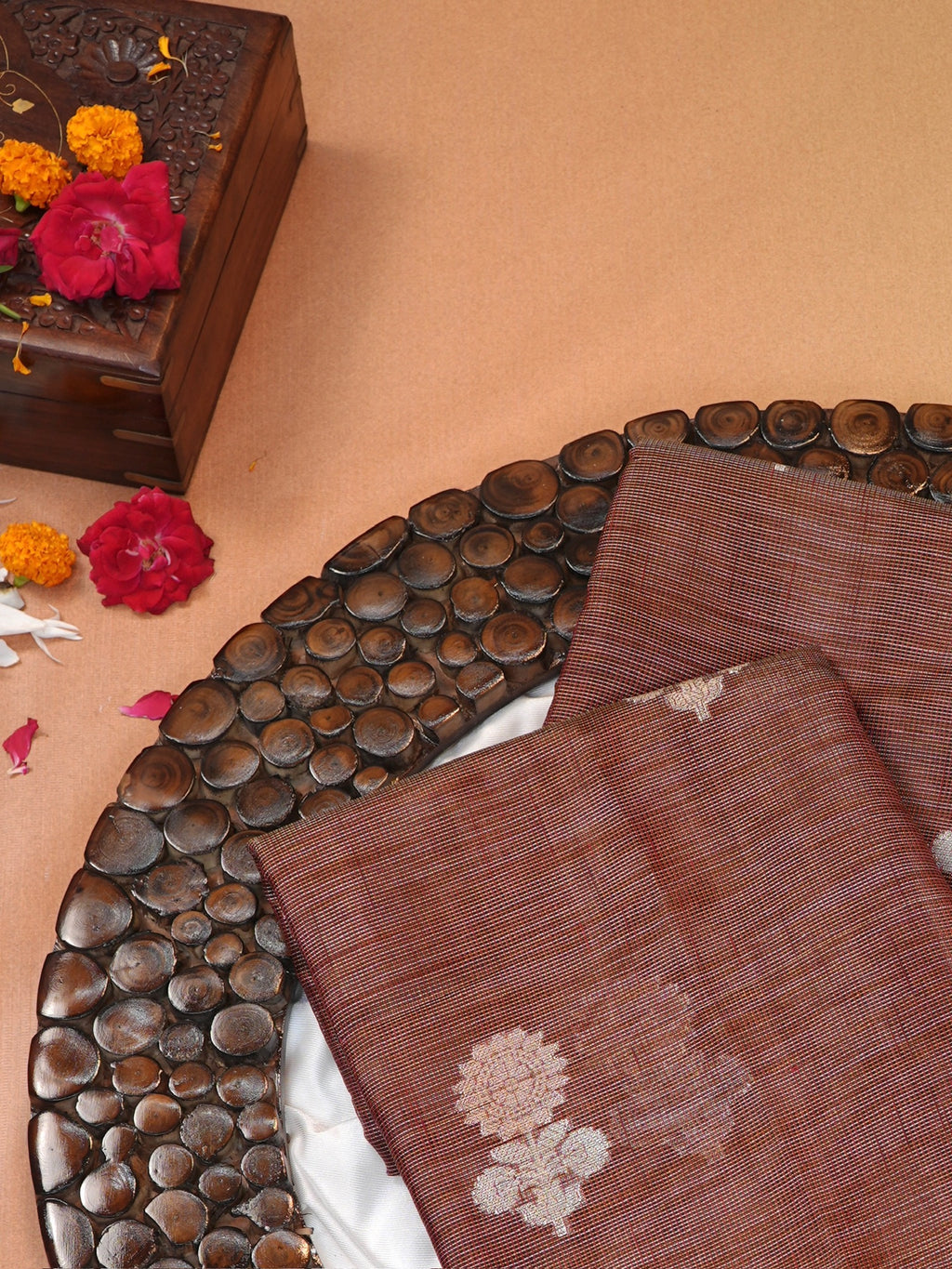 Brown &  Rani Pink Banarasi Soft Kota Silk Saree with Silver Zari Work