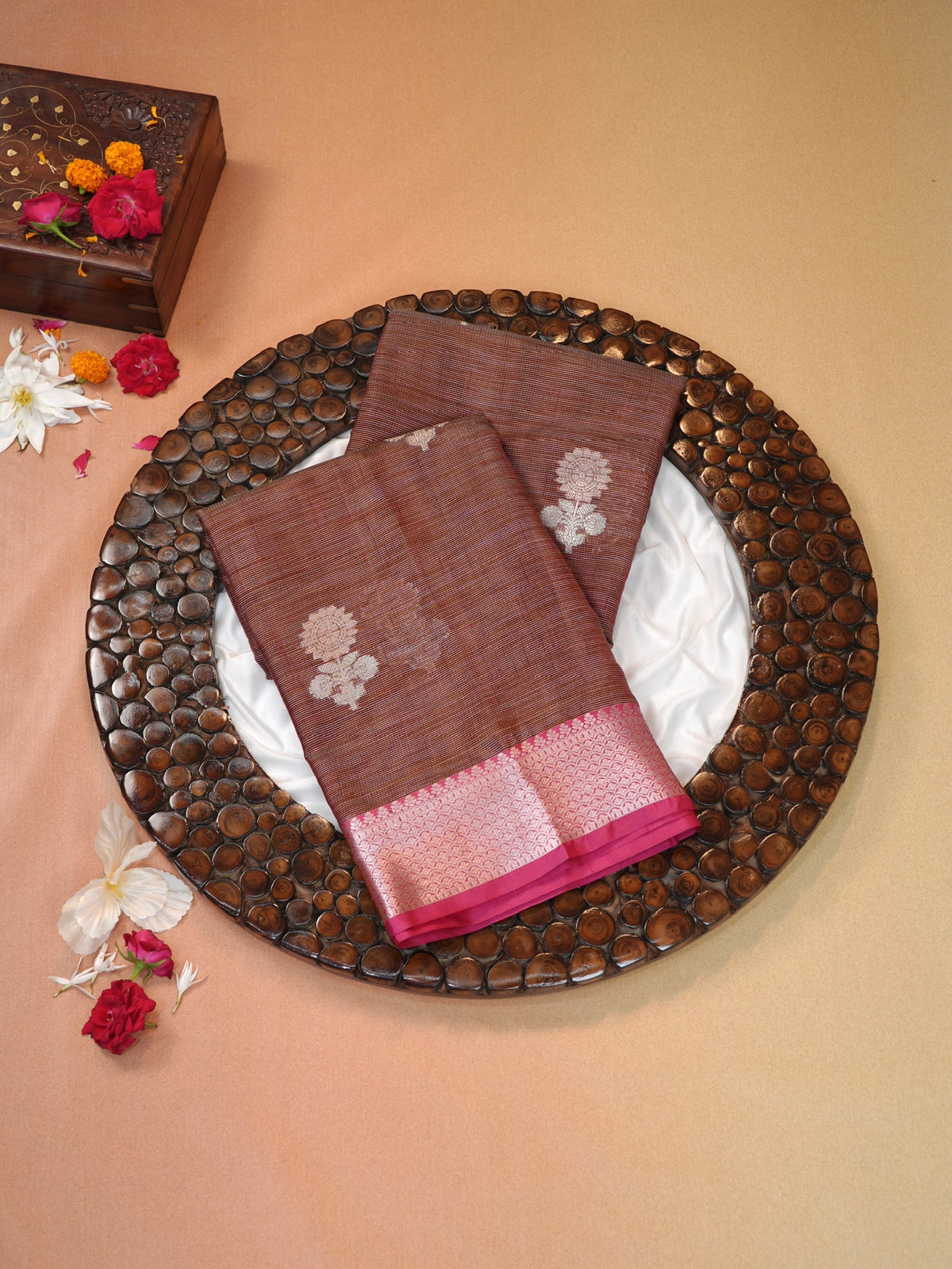 Brown &  Rani Pink Banarasi Soft Kota Silk Saree with Silver Zari Work