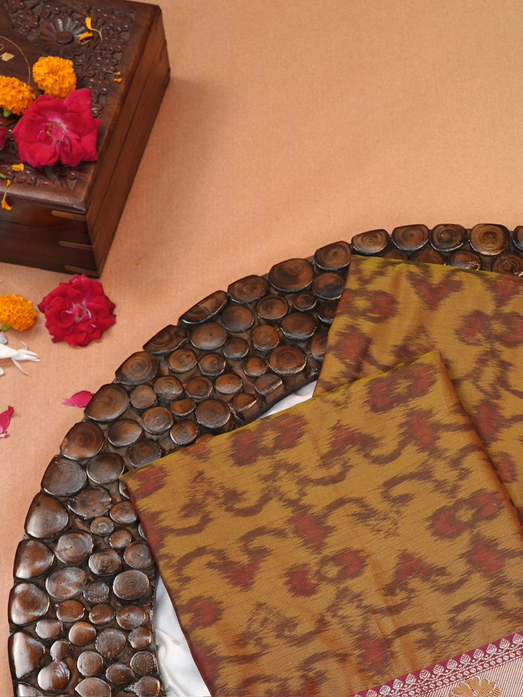 Mustard Gold & Magenta Banarasi Pochampally Silk Saree with Meenakari Floral Border