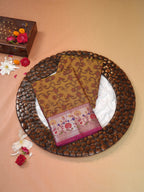 Mustard Gold & Magenta Banarasi Pochampally Silk Saree with Meenakari Floral Border