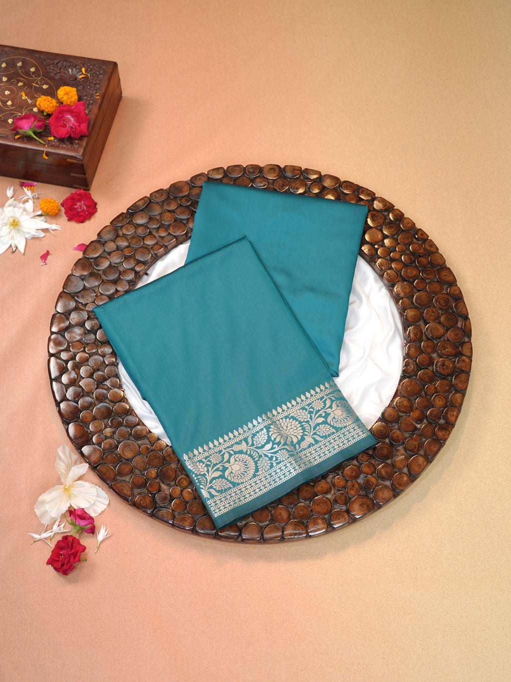 Teal Blue Banarasi Semi Katan Silk Saree with Antique Silver Zari Work