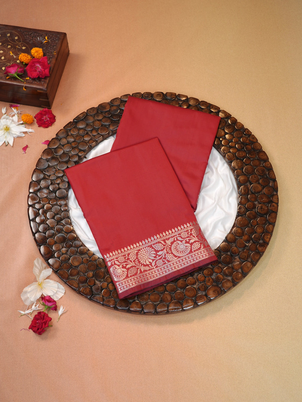Vibrant Crimson Red Banarasi Semi Katan Silk Saree with Fine Silver Zari Work