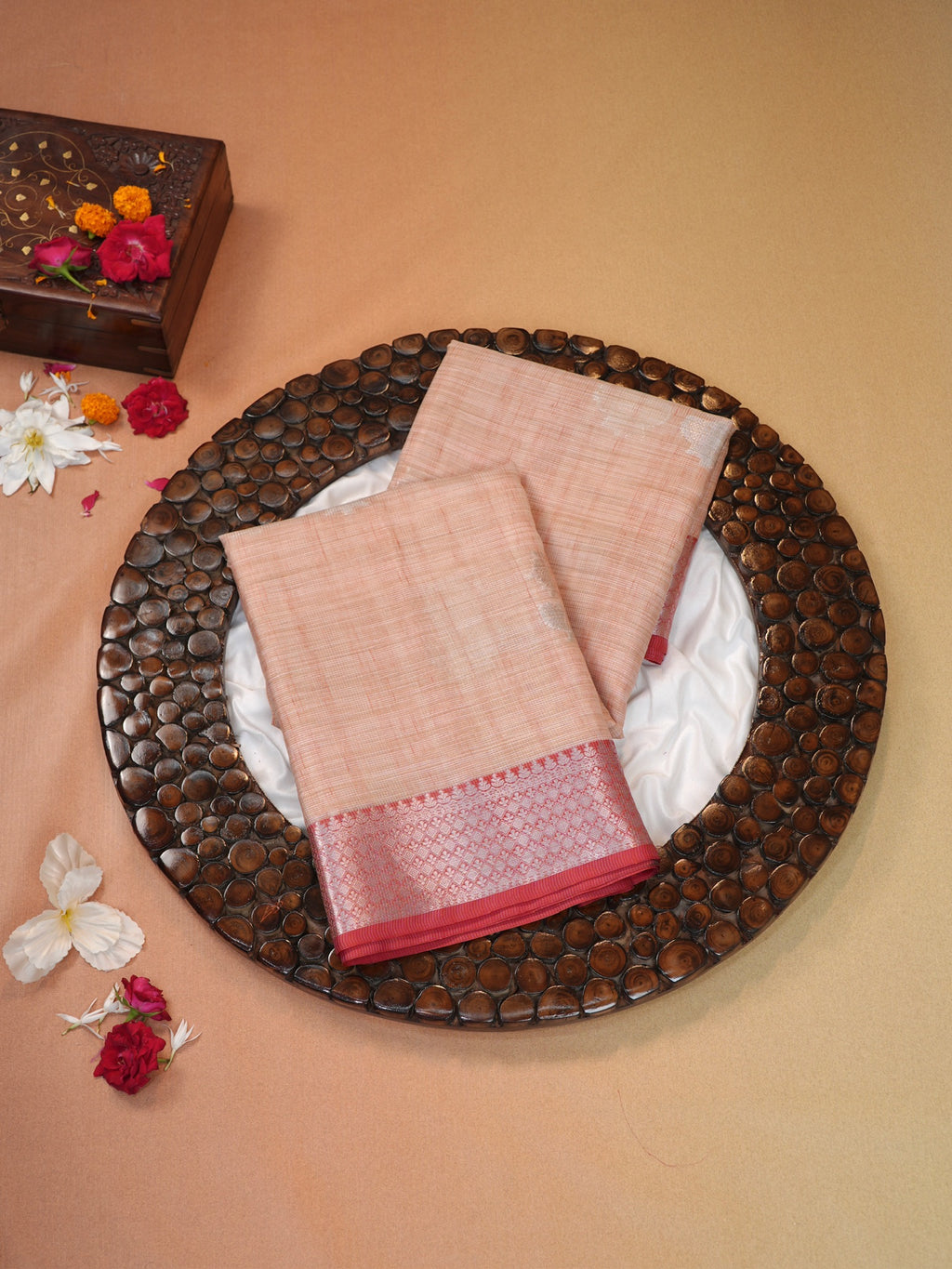 Peach & Crimson Red Banarasi Soft Kota Silk Saree with Silver Zari Work