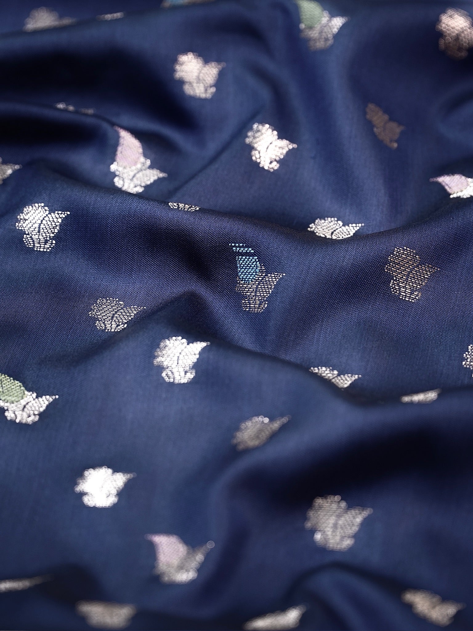 Navy Blue Banarasi Semi Katan Soft Silk Saree with Meenakari Zari Work