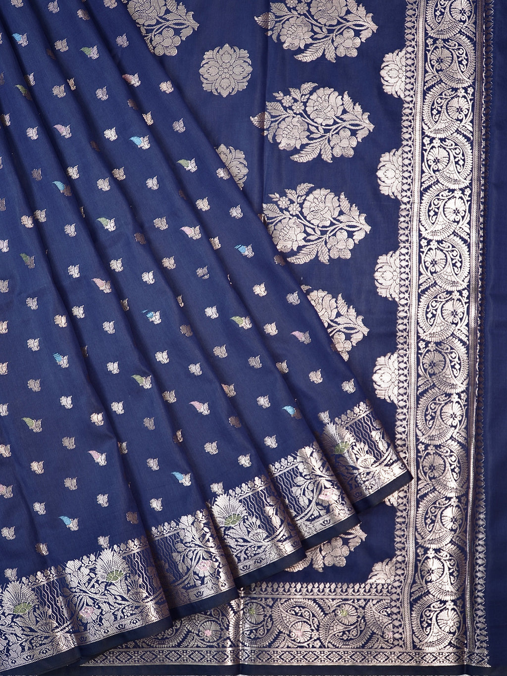Navy Blue Banarasi Semi Katan Soft Silk Saree with Meenakari Zari Work