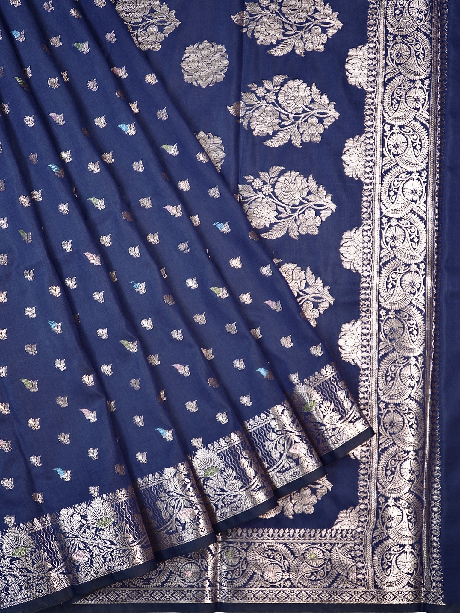 Navy Blue Banarasi Semi Katan Soft Silk Saree with Meenakari Zari Work