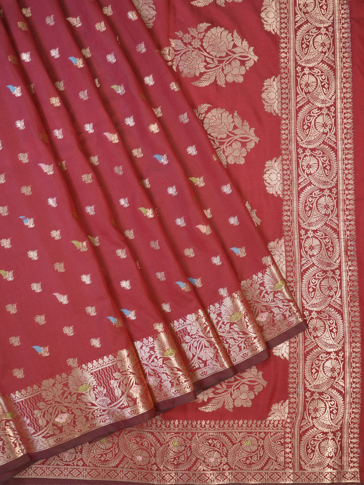 Maroon Red Banarasi Semi Katan Soft Silk Saree with Meenakari Zari Work