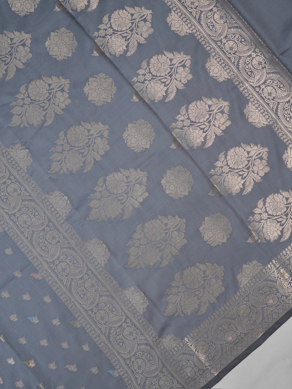 Grey Banarasi Semi Katan Soft Silk Saree with Meenakari Zari Work