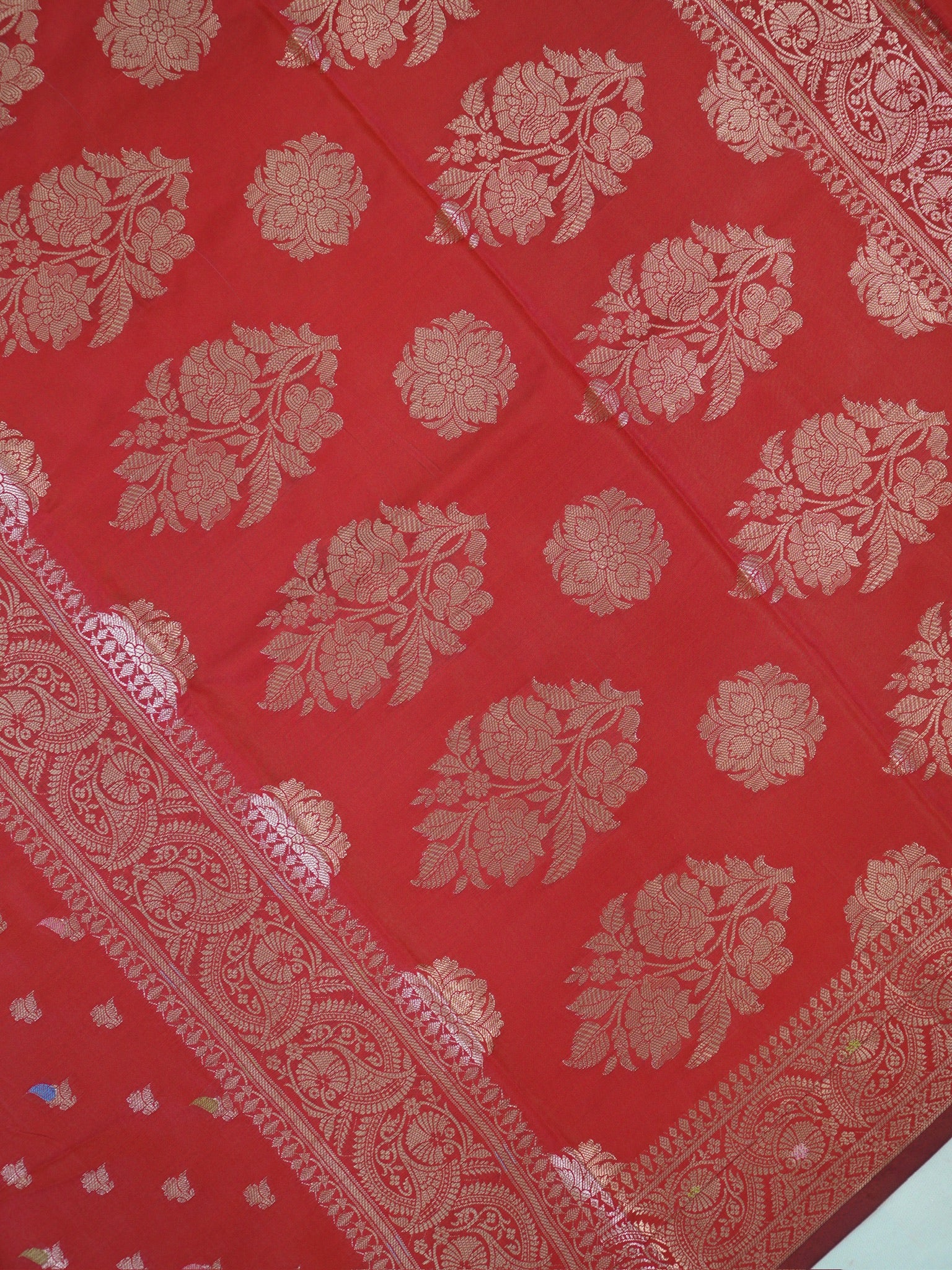 Crimson Red Banarasi Semi Katan Soft Silk Saree with Meenakari Zari Work
