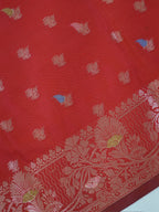 Crimson Red Banarasi Semi Katan Soft Silk Saree with Meenakari Zari Work