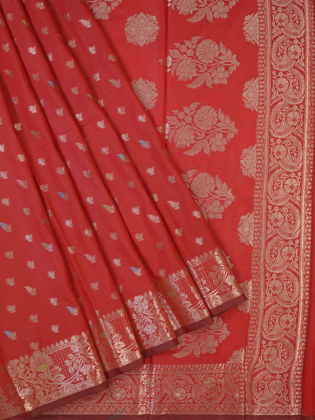 Crimson Red Banarasi Semi Katan Soft Silk Saree with Meenakari Zari Work