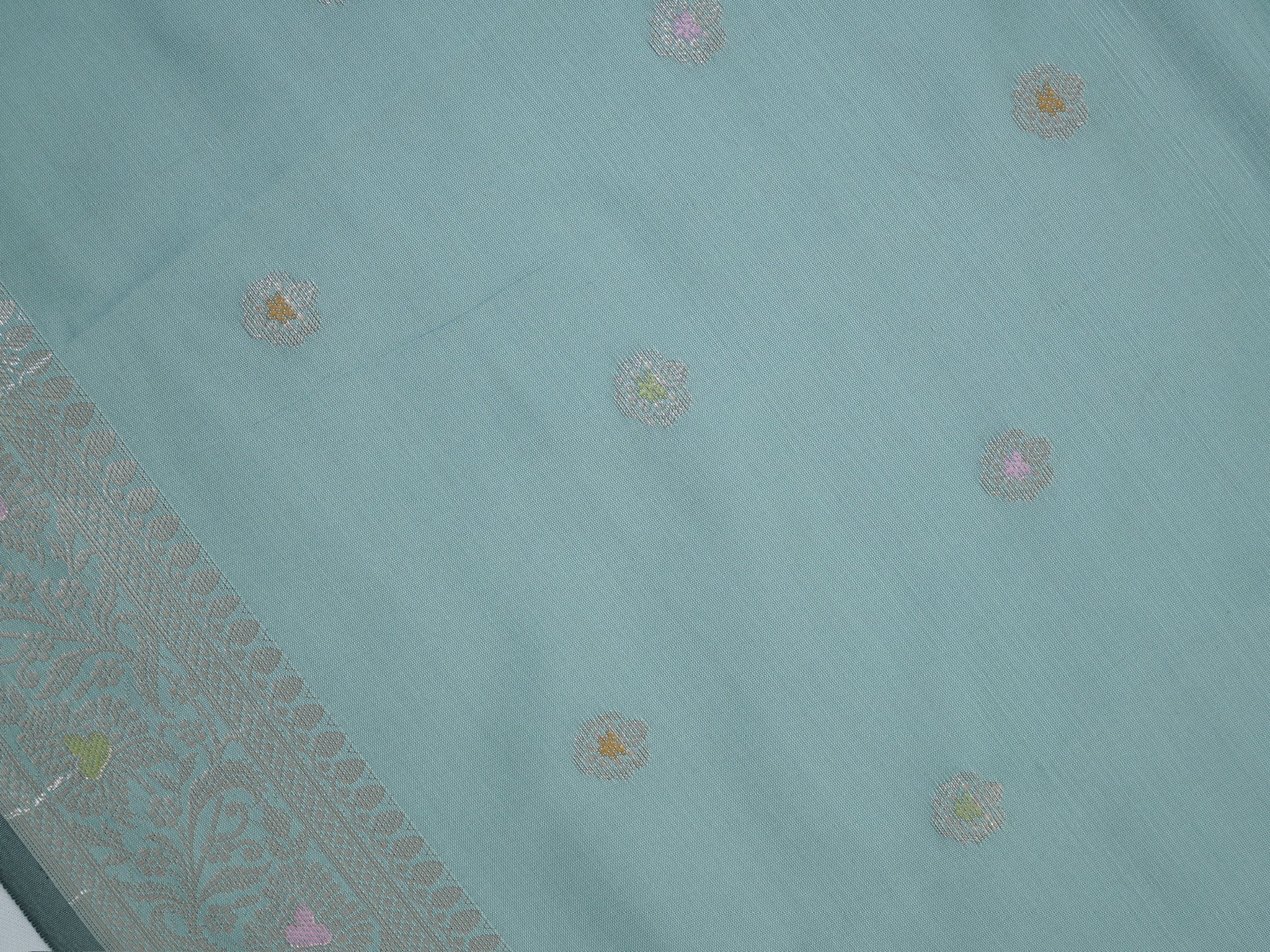 Powder Blue Banarasi Semi Katan Silk Saree with Meenakari Floral Work