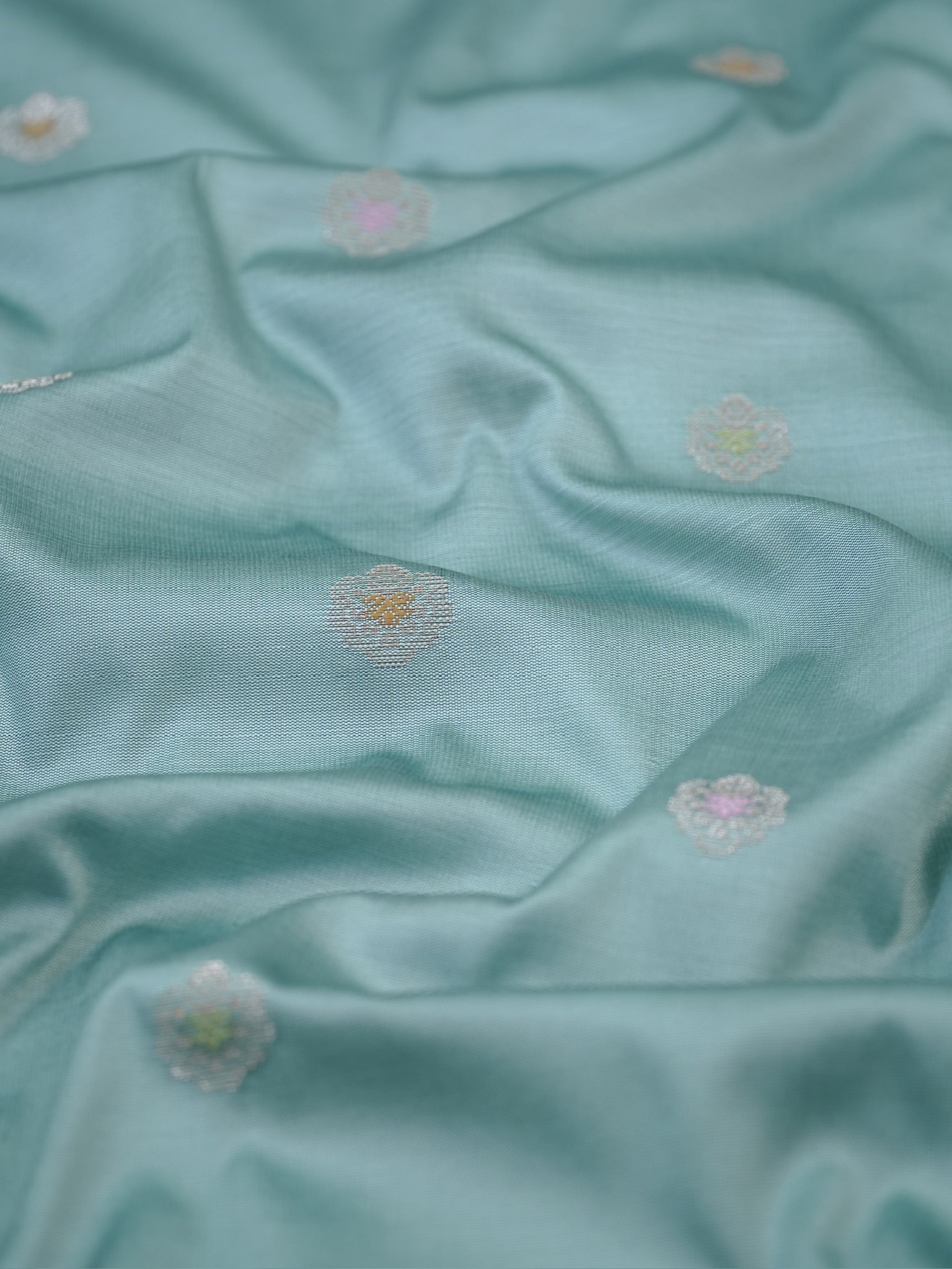 Powder Blue Banarasi Semi Katan Silk Saree with Meenakari Floral Work