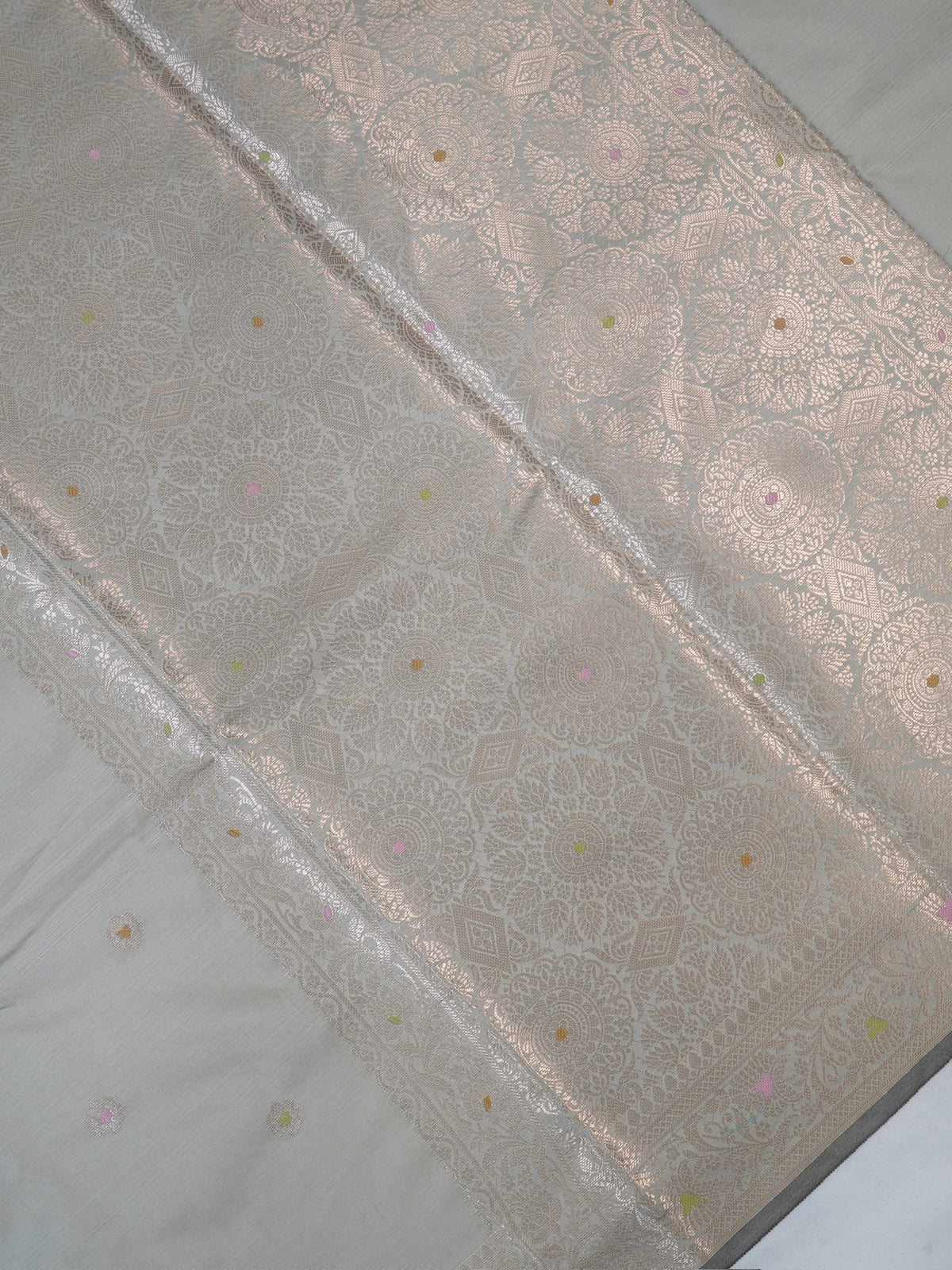 Pastel Pistachio Green Banarasi Semi Katan Silk Saree with Meenakari Floral Work