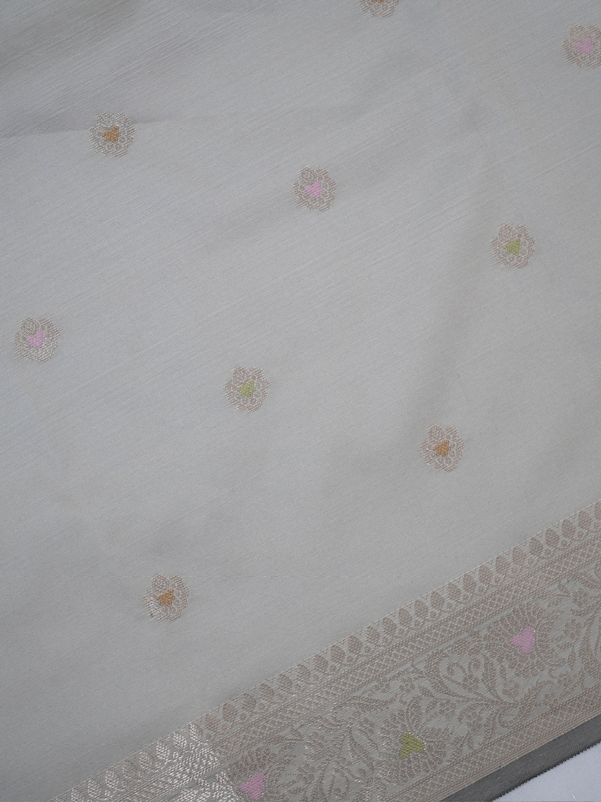 Pastel Pistachio Green Banarasi Semi Katan Silk Saree with Meenakari Floral Work