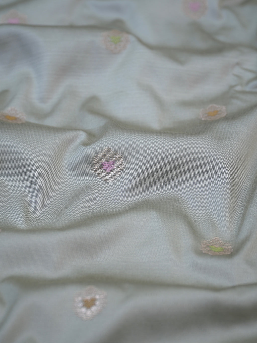 Pastel Pistachio Green Banarasi Semi Katan Silk Saree with Meenakari Floral Work