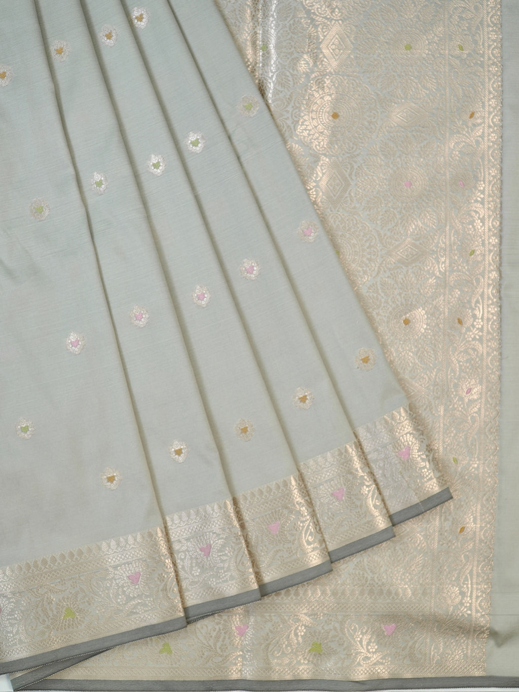 Pastel Pistachio Green Banarasi Semi Katan Silk Saree with Meenakari Floral Work
