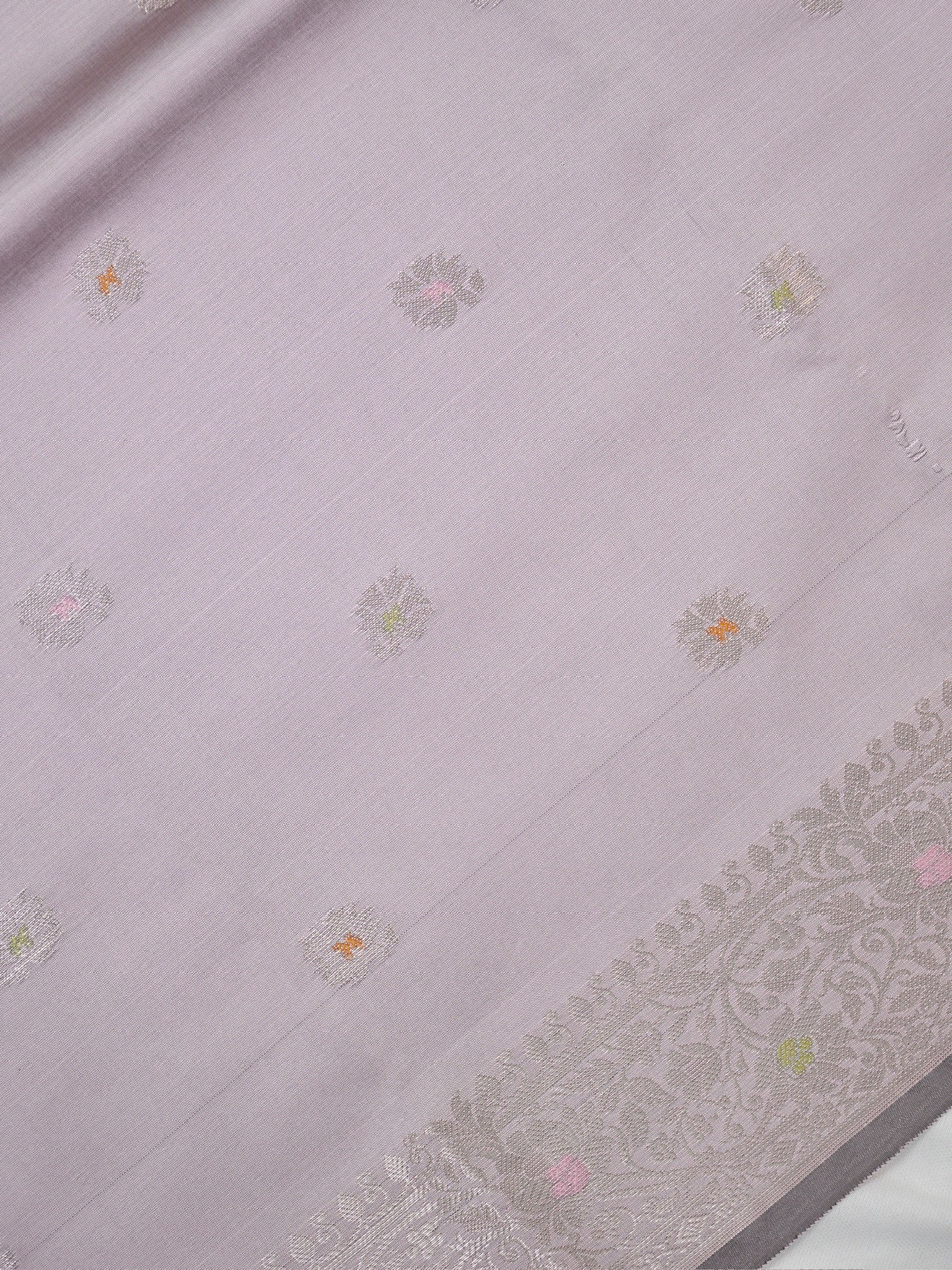 Muted Lilac Grey Banarasi Semi Katan Silk Saree with Meenakari Floral Work
