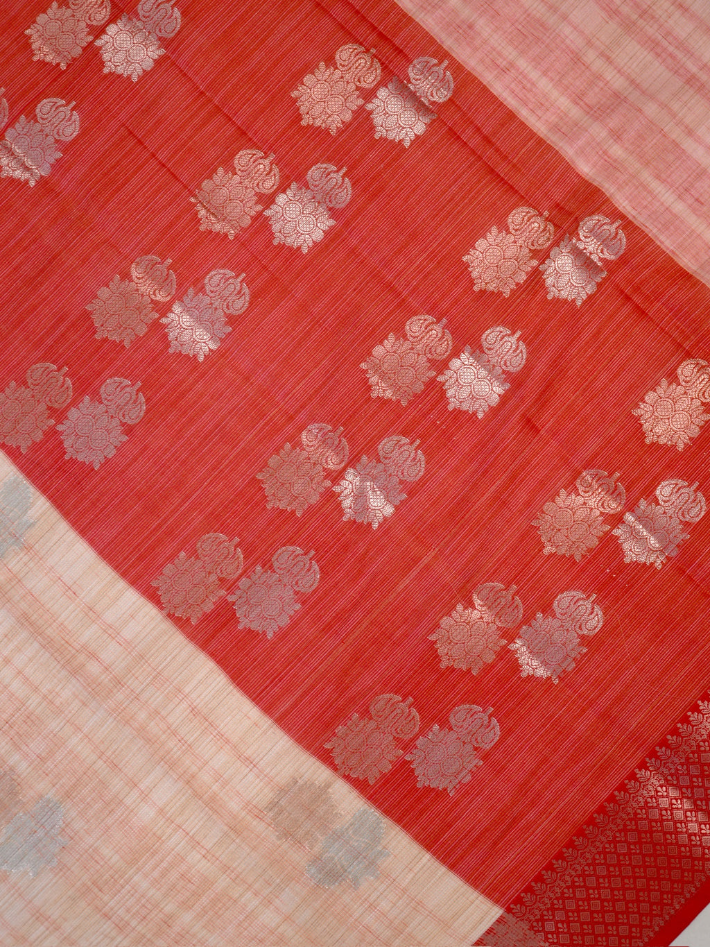 Peach & Crimson Red Banarasi Soft Kota Silk Saree with Silver Zari Work
