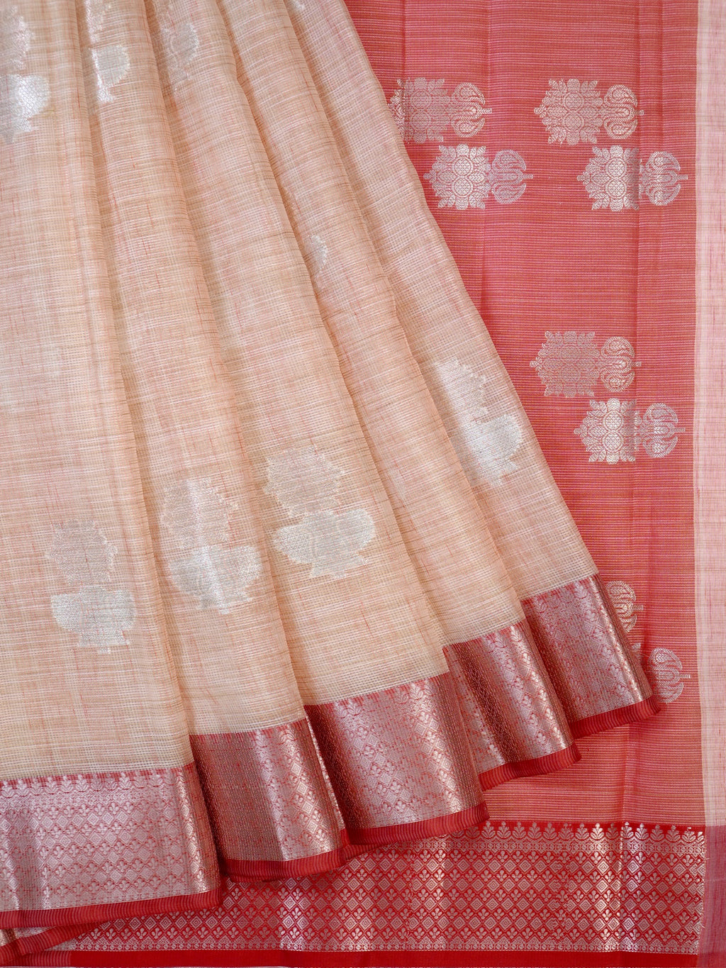 Peach & Crimson Red Banarasi Soft Kota Silk Saree with Silver Zari Work