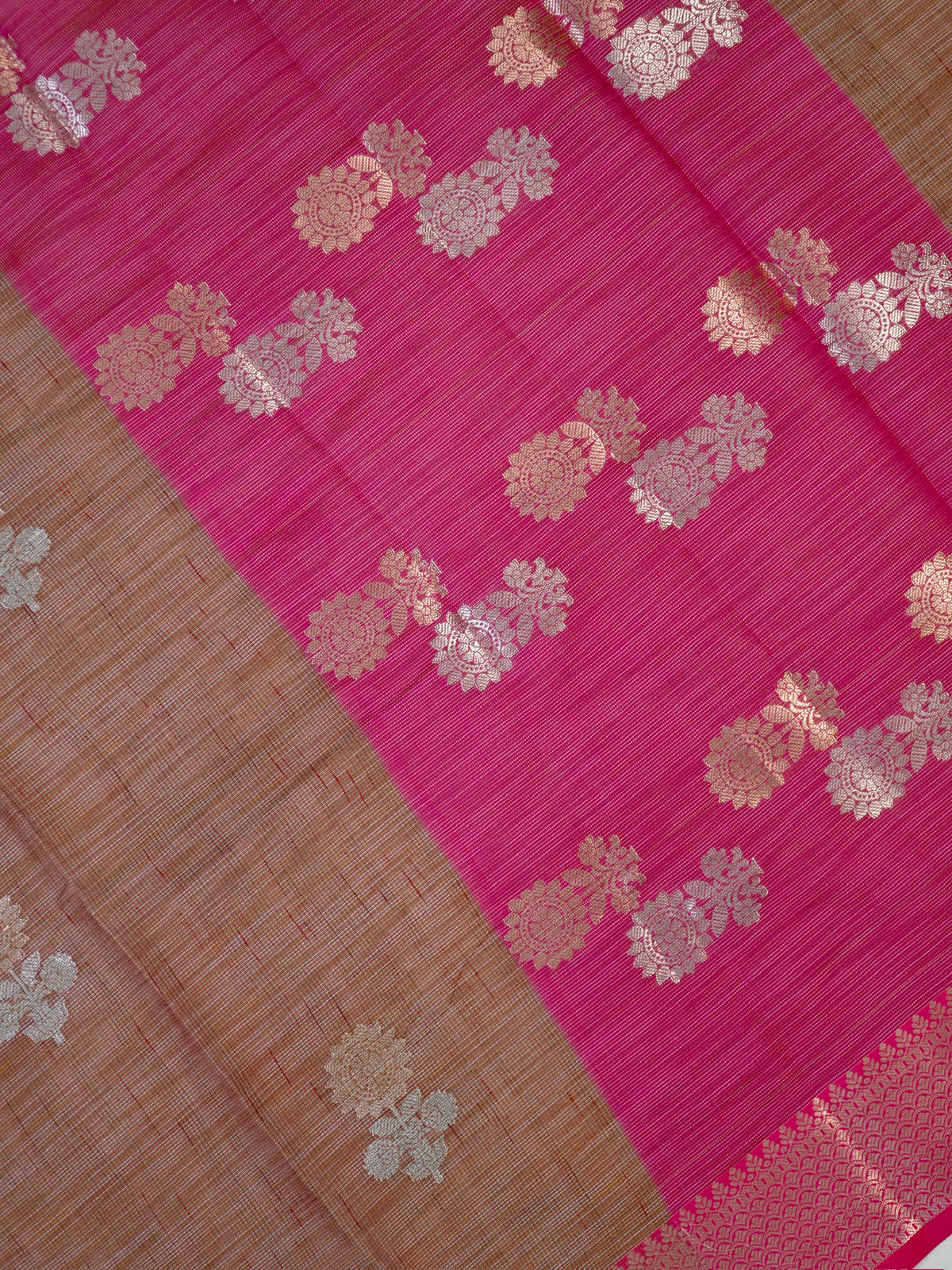 Brown &  Rani Pink Banarasi Soft Kota Silk Saree with Silver Zari Work