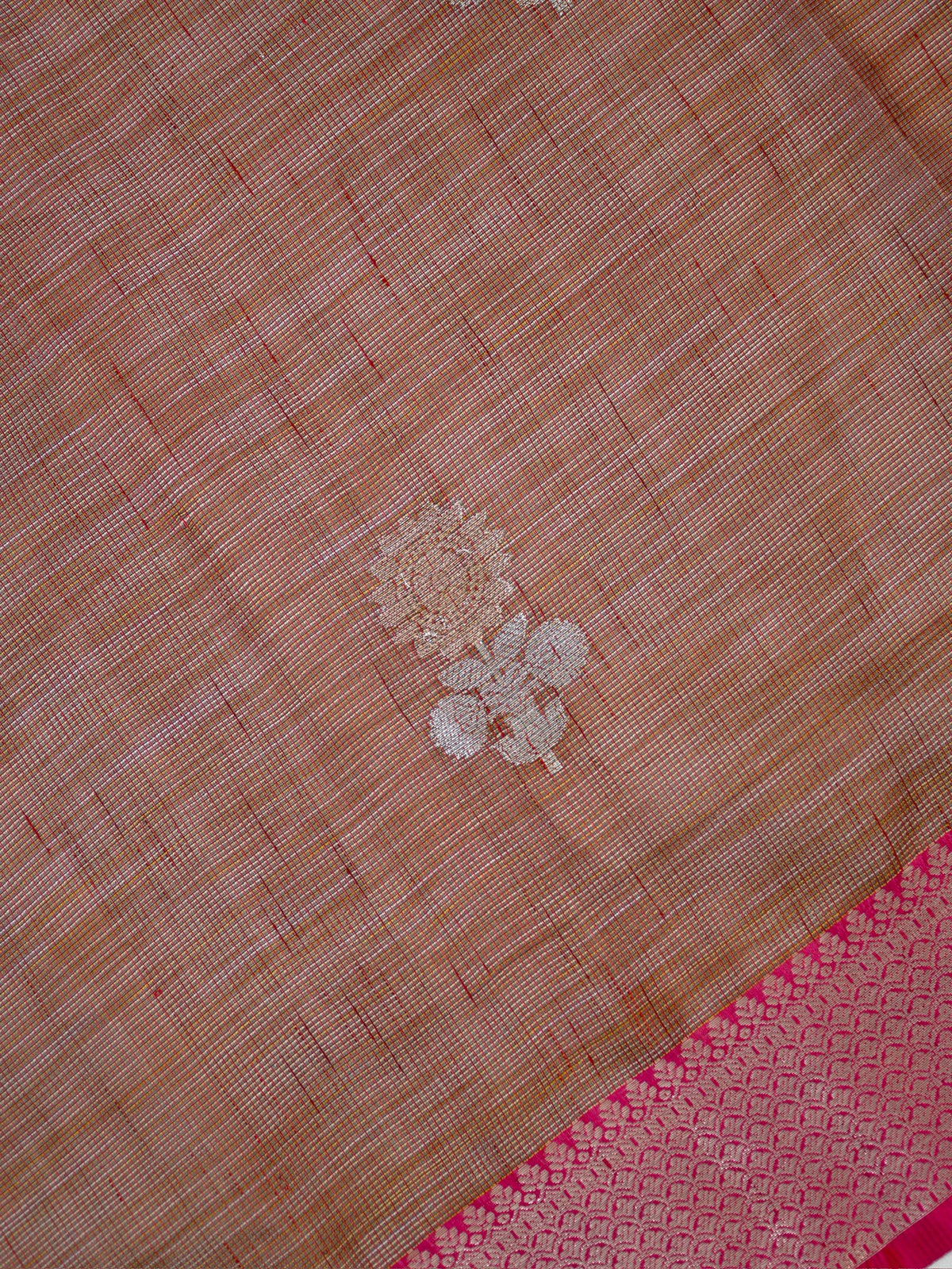 Brown &  Rani Pink Banarasi Soft Kota Silk Saree with Silver Zari Work