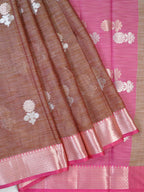 Brown &  Rani Pink Banarasi Soft Kota Silk Saree with Silver Zari Work