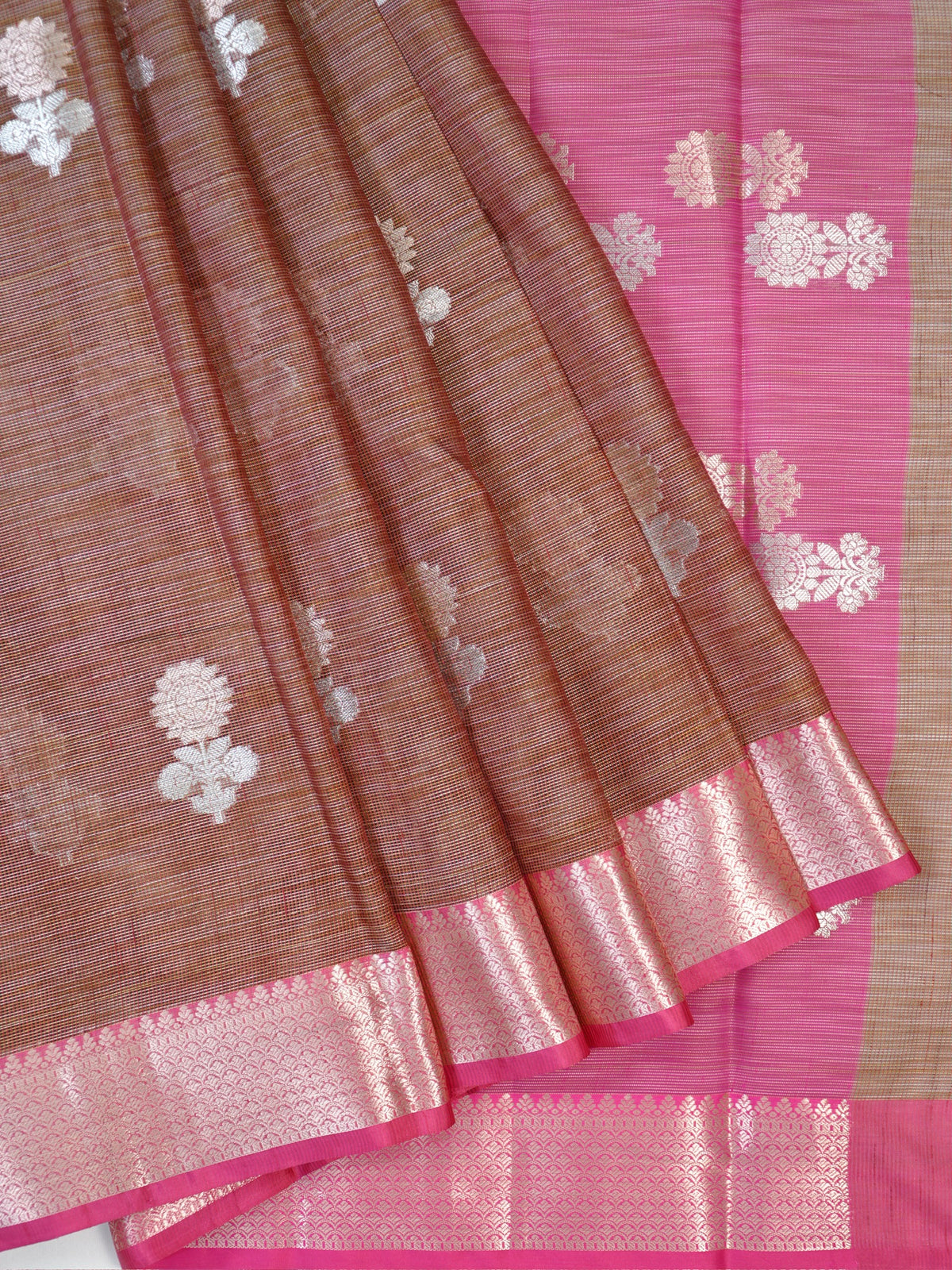 Brown &  Rani Pink Banarasi Soft Kota Silk Saree with Silver Zari Work
