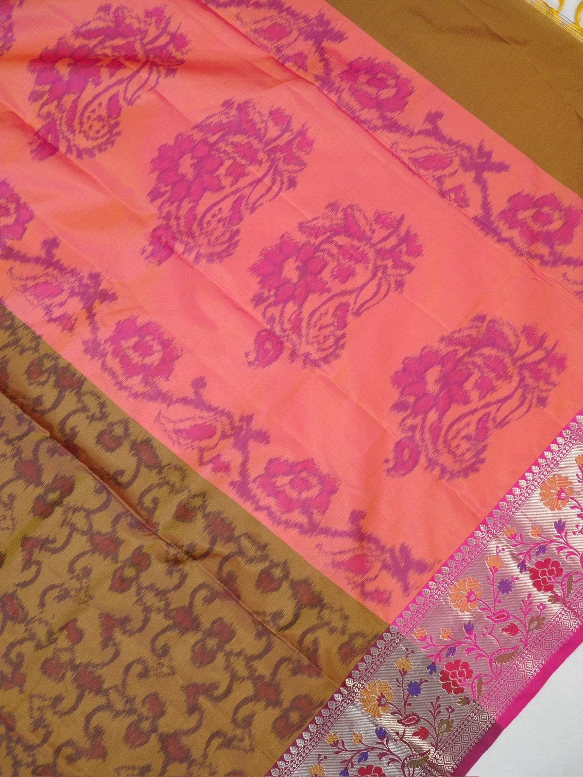 Mustard Gold & Magenta Banarasi Pochampally Silk Saree with Meenakari Floral Border