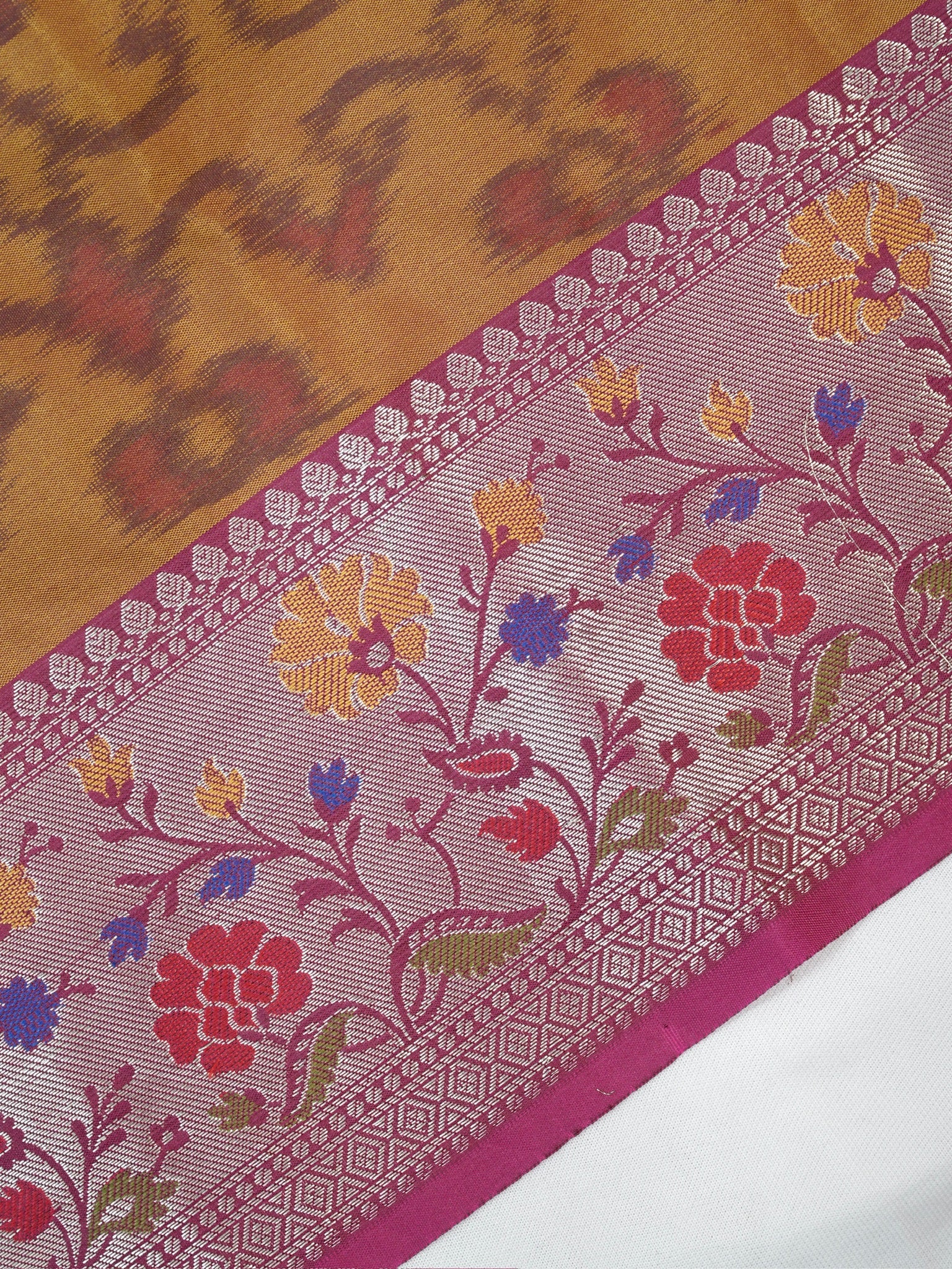 Mustard Gold & Magenta Banarasi Pochampally Silk Saree with Meenakari Floral Border