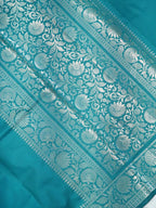 Teal Blue Banarasi Semi Katan Silk Saree with Antique Silver Zari Work