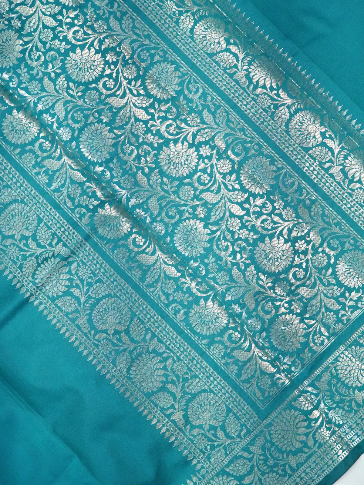 Teal Blue Banarasi Semi Katan Silk Saree with Antique Silver Zari Work