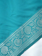Teal Blue Banarasi Semi Katan Silk Saree with Antique Silver Zari Work
