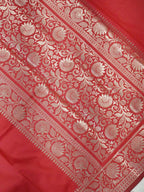 Vibrant Crimson Red Banarasi Semi Katan Silk Saree with Fine Silver Zari Work