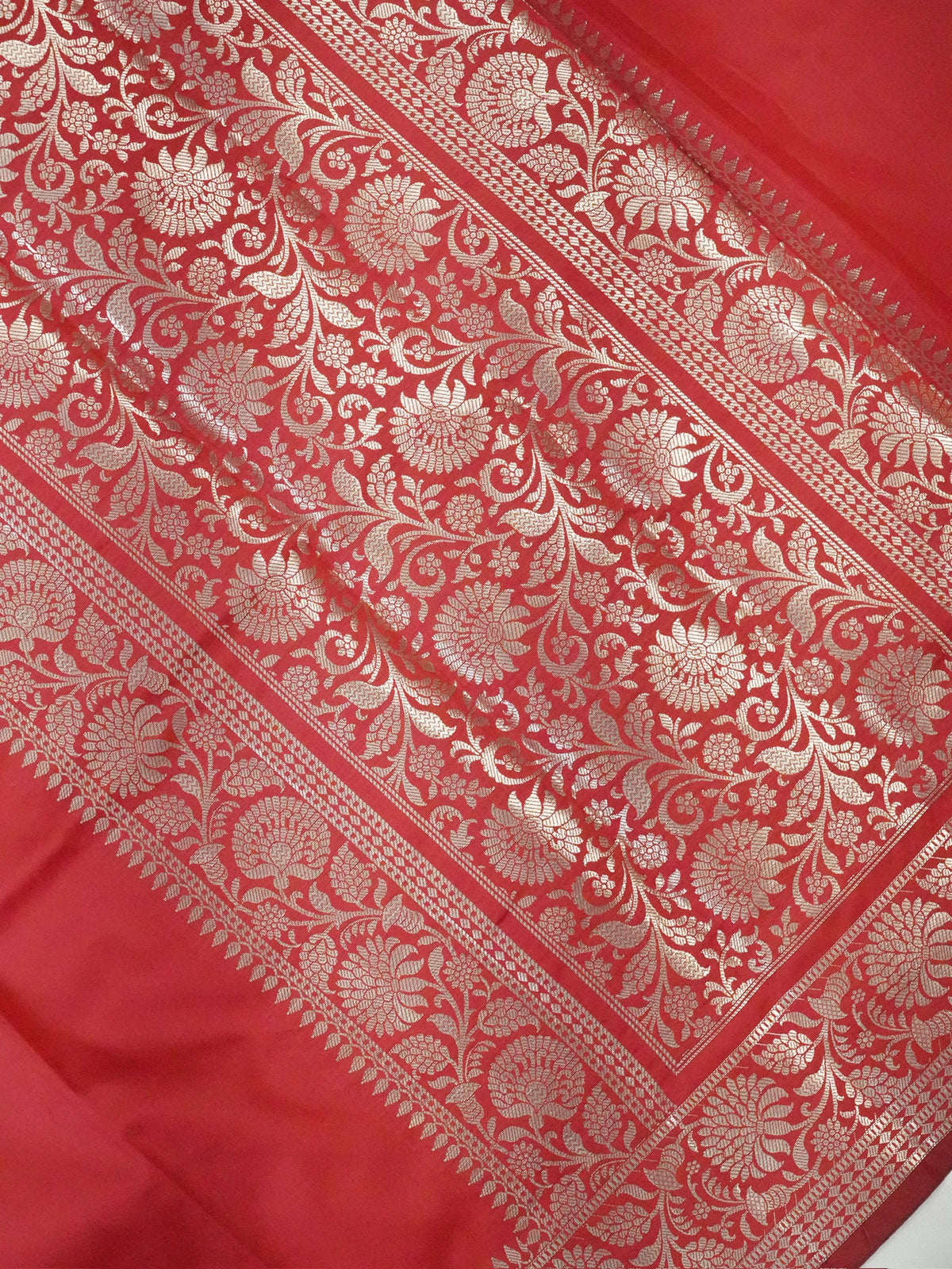 Vibrant Crimson Red Banarasi Semi Katan Silk Saree with Fine Silver Zari Work