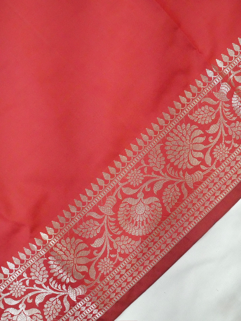 Vibrant Crimson Red Banarasi Semi Katan Silk Saree with Fine Silver Zari Work